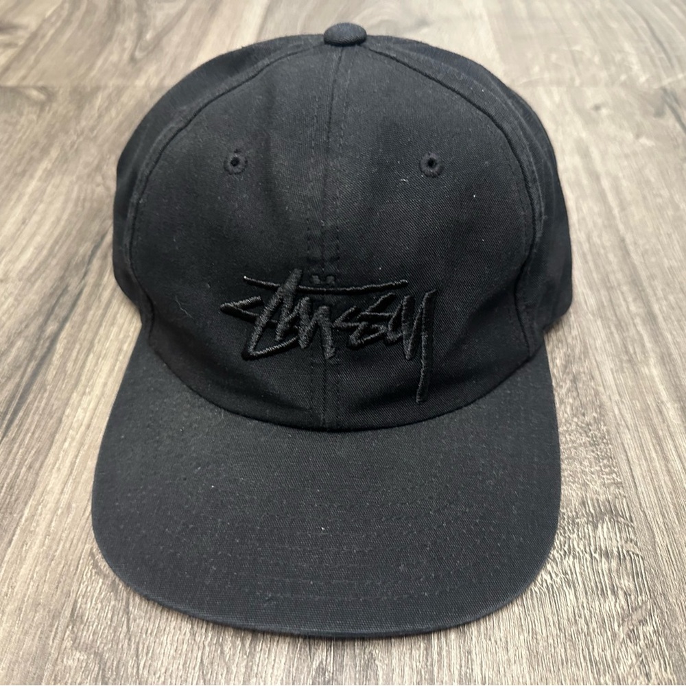 Stussy Black Baseball Cap - Leather Strapback with Metal Clasp